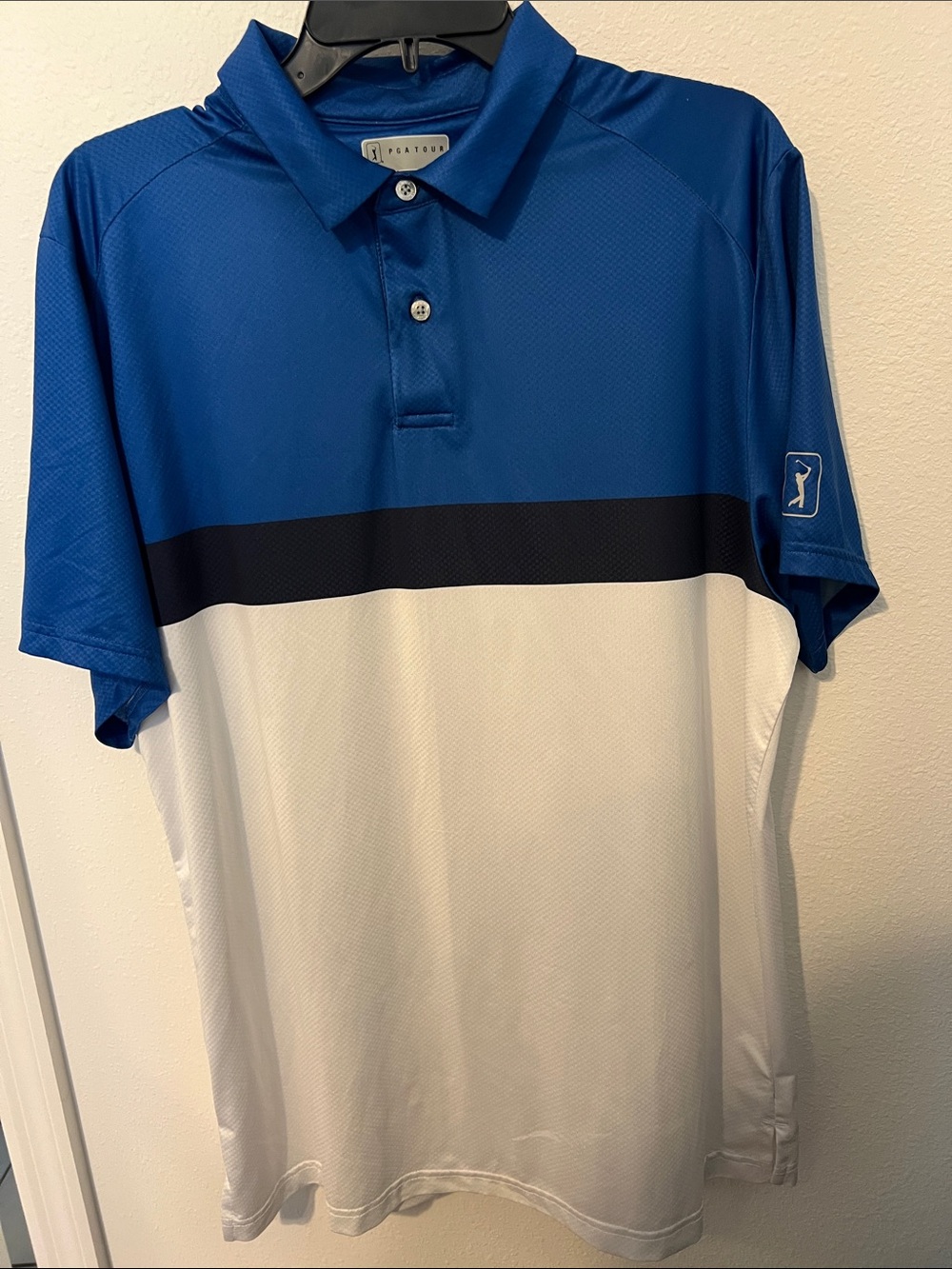 PGA Tour Royal Blue, Black & White Striped Performance Polo